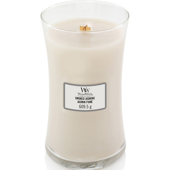 WoodWick Smoked Jasmine - Duftkerze mit rauchigem Jasmin, Docht aus Holz und Deckelglas groß 609 g