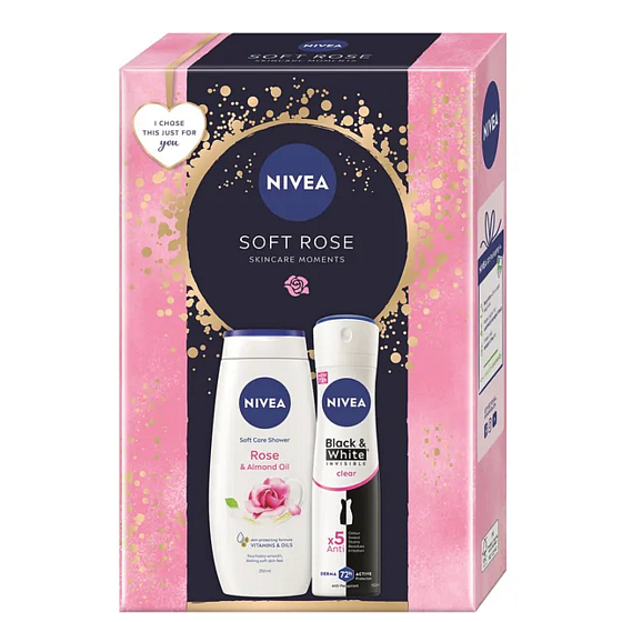 Nivea Soft Care Rose & Almond Oil Duschgel 250 ml + Nivea Black & White Invisible Clear Antitranspirant Spray 150 ml, Kosmetikset für Frauen