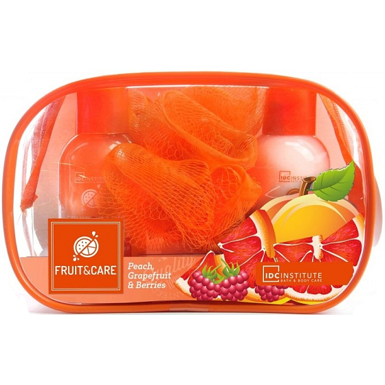 Idc Institute Obst & Pflege Pfirsich, Grapefruit & Beeren Reiseset Duschgel 100 ml + Körperlotion 100 ml + Waschschwamm + Etui, Kosmetikset