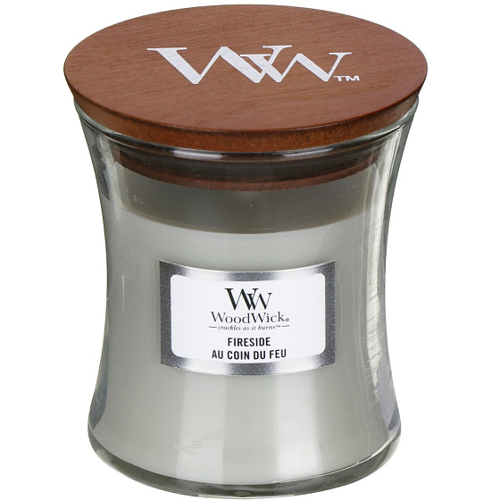 WoodWick Fireside - Feuer im Kamin Duftkerze mit Holzdocht und Deckelglas klein 85 g