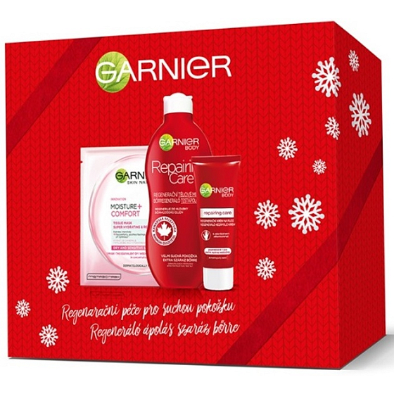 Garnier Reparing Care Regenerierende Körperlotion für trockene Haut 400 ml + Reparing Care Regenerierende Handcreme 100 ml + Feuchtigkeit + Komfort Textile Gesichtsmaske 32 g, Kosmetikset