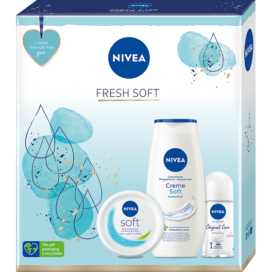 Nivea Fresh Soft Creme frische Feuchtigkeitscreme für den ganzen Körper 100 ml + Creme Soft cremiges Duschgel 250 ml + Original Care Antitranspirant 50 ml, Kosmetikset für Frauen