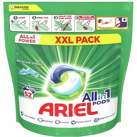 Ariel All in 1 Pods Mountain Spring Gelkapseln zum Waschen von Weiß- und Buntwäsche 52 Stück