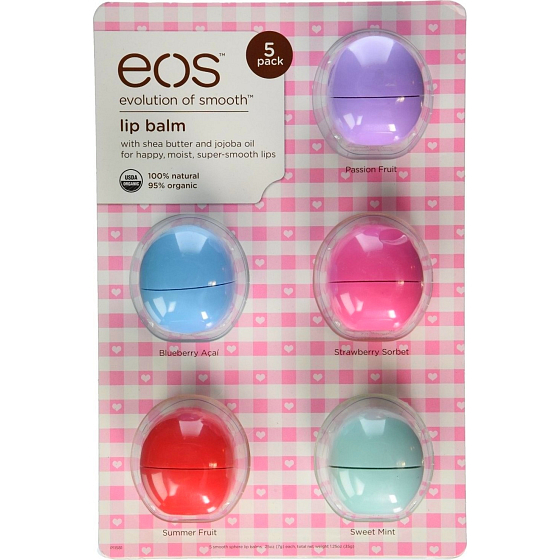 Eos Lippenbalsam 5er Pack Passionsfrucht, Blaubeer-Acai, Erdbeersorbet, Sommerfrucht, süßer Minz-Lippenbalsam 5 x 7 g