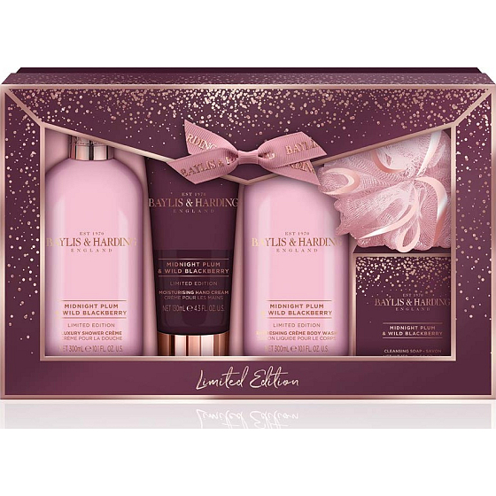Baylis & Harding Midnight Plum und Wild Blackberry Reinigungsgel 300 ml + Duschcreme 300 ml + Toilettenseife 150 g + Handcreme 130 ml + Waschlappen, Kosmetikset