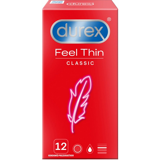 Durex Feel Thin Classic Kondom mit dünnerer Wand für höhere Empfindlichkeit, nominale Breite 56 mm, 12 Stück