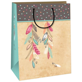 Ditipo Geschenk Kraftbeutel 26,4 x 32,4 x 13,7 cm beige, farbige Federn