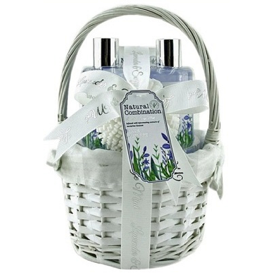 Salsa Collection Duschgel aus Lavendel, Salbei und Minze 140 ml + Badeschaum 140 ml + Handcreme 50 ml + Badeschwamm, Kosmetikset in einem Weidenkorb