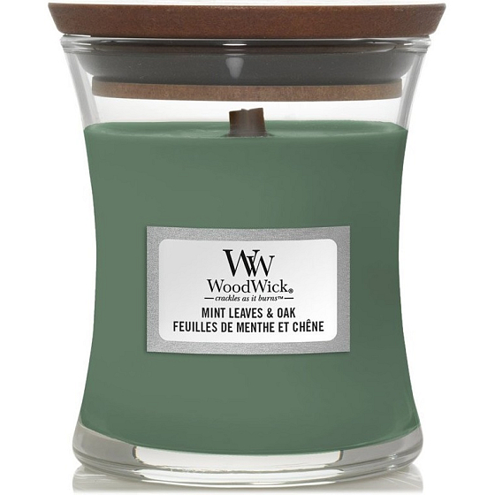WoodWick Mint Leaves & Oak Duftkerze mit Holzdocht und Deckel Glas klein 85 g