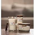 WoodWick White Teak - Weiße Teak-Duftkerze mit Holzdocht und Glasdeckel klein 85 g