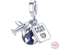 Charms Sterling Silber 925 Round the world, Globus, Reisepass, Flugzeug, 3in1 Reise Armband Anhänger