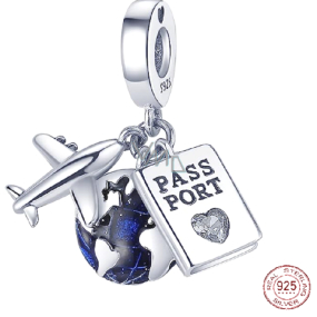 Charms Sterling Silber 925 Round the world, Globus, Reisepass, Flugzeug, 3in1 Reise Armband Anhänger