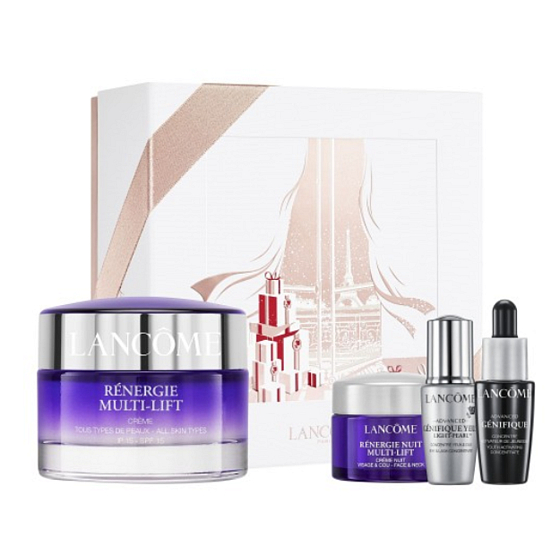 Lancome Rénergie Multi-Lift Tagescreme 50 ml + Nachtcreme 15 ml + Serum - Konzentrat zur Hautverjüngung 7 ml + Génifique Yeux Light Pearl Augencreme 5 ml, Kosmetikset