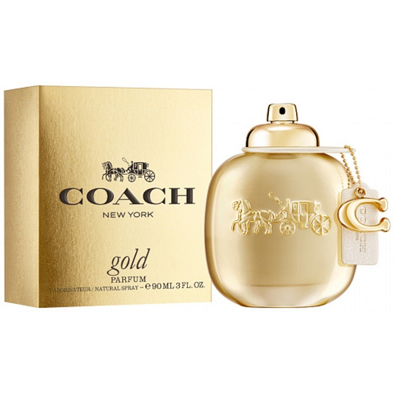 Flakon parfému Coach Gold Parfum pro ženy, 90 ml, elegantní zlatý design.
