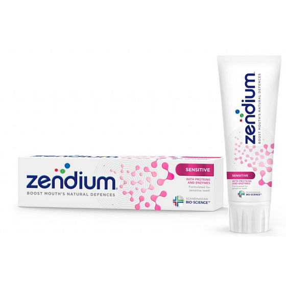 Zendium Sensitive Zahnpasta stärkt die Zähne und reduziert ihre Empfindlichkeit. 75 ml