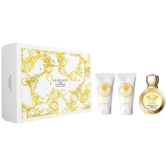 Versace Eros pour Femme Eau de Toilette für Frauen 50 ml + Duschgel 50 ml + Körperlotion 50 ml, Geschenkset