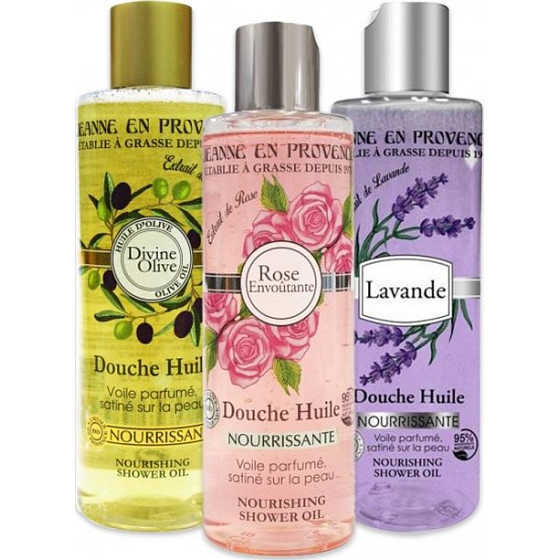 Jeanne en Provence Olive pflegendes Duschöl 250 ml + Fesselnde Rose pflegendes Duschöl 250 ml + Lavendel pflegendes Duschöl 250 ml, Kosmetikset für Frauen