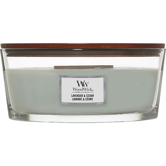 WoodWick Lavender & Cedar - Lavendel und Zedernholz Duftkerze mit Holzdocht und Deckel Glasschiffchen 453 g