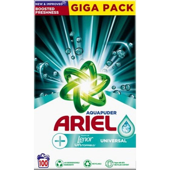 Ariel Aquapuder Touch of Lenor Universalwaschmittel für bunte, weiße und schwarze Wäsche 100 Dosen 6,5 kg