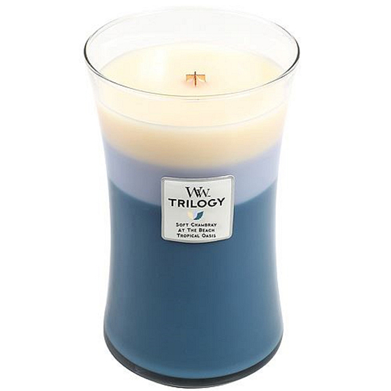 WoodWick Trilogy Beachfront Cottage - Beach Cottage Duftkerze mit Holzdocht und Deckelglas groß 609,5 g