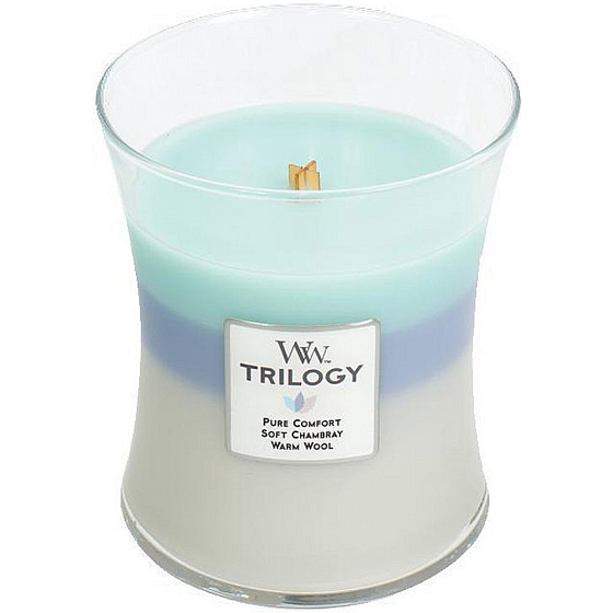 WoodWick Trilogy Woven Comforts - Warme Duftkerze mit Docht und Deckelglas Medium 275 g