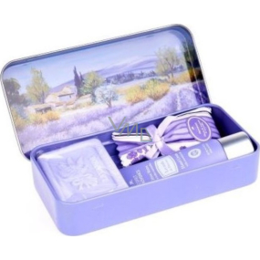 Esprit Provence Lavendel Toilettenseife 60 g + Duftbeutel + Handcreme 30 ml + Blechdose mit einem Bild von Lavendelreihen, Kosmetikset für Damen