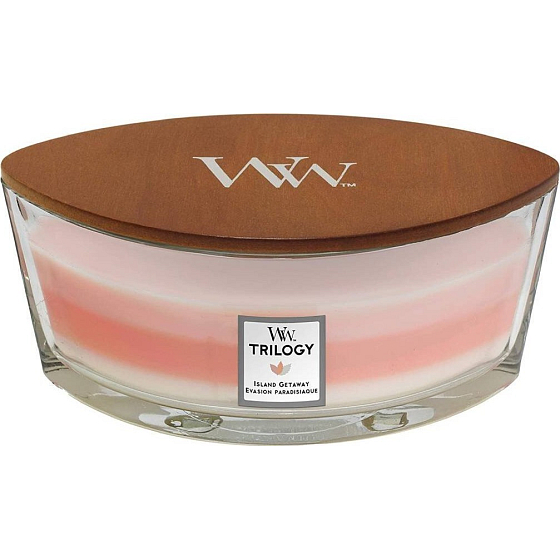 WoodWick Trilogy Island Getaway - Island Vacation Duftkerze mit breitem Holzdocht und Deckel Glasboot 453 g