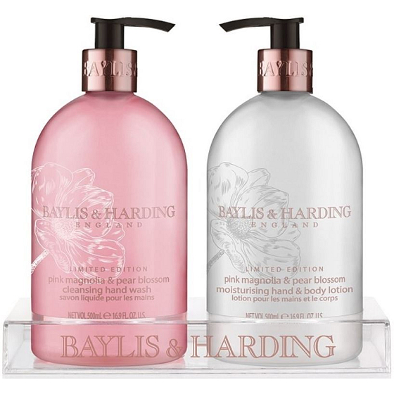 Baylis & Harding Pink Magnolien- und Birnenblüten-Flüssigseifenspender 500 ml + Handmilchspender 500 ml, Kosmetikset