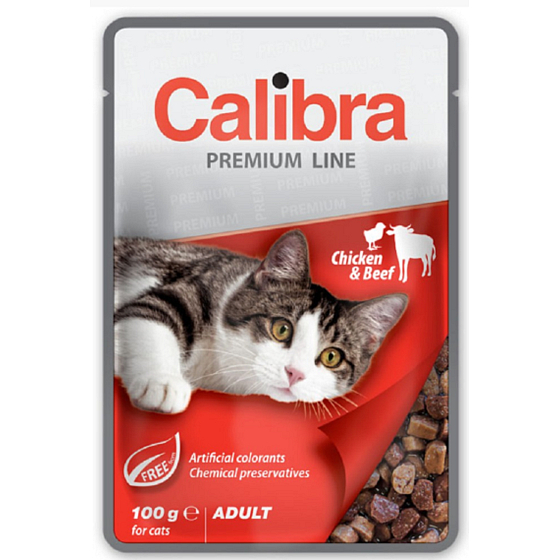 Calibra Premium Hühnchen und Rindfleisch in Sauce Alleinfuttermittel für erwachsene Katzen Tasche 100 g