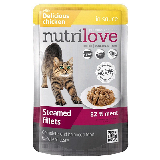 Nutrilove Gedünstete Filets mit saftigem Huhn in Soße, komplettes Katzenfutter im Beutel 85 g