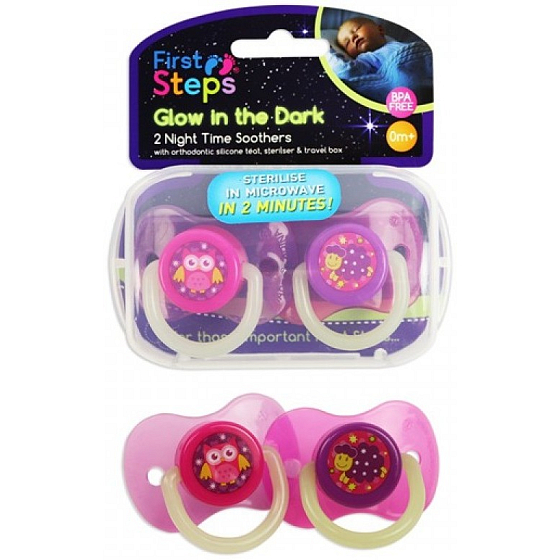 First Steps Glow In The Dark Schnuller leuchtend in Box rosa-lila 2 Stück