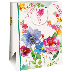 Ditipo Kraft Geschenktüte 27 x 12 x 37 cm weiße, bunte Blumen