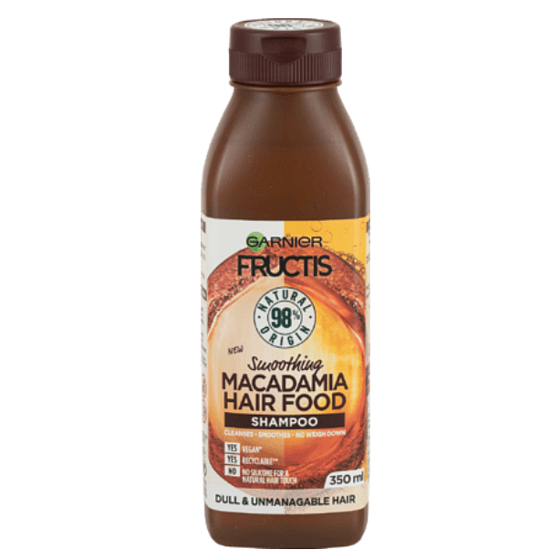 Garnier Fructis Smoothing Macadamia Hair Food Feuchtigkeitsspendendes Shampoo für eine glatte Frisur für trockenes, widerspenstiges und krauses Haar 350 ml
