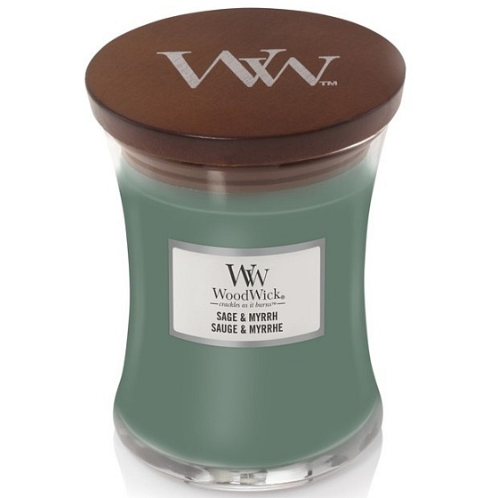 WoodWick Sage & Myrht - Duftkerze mit Salbei und Myrrhe mit Holzdocht und Deckelglas Medium 275 g