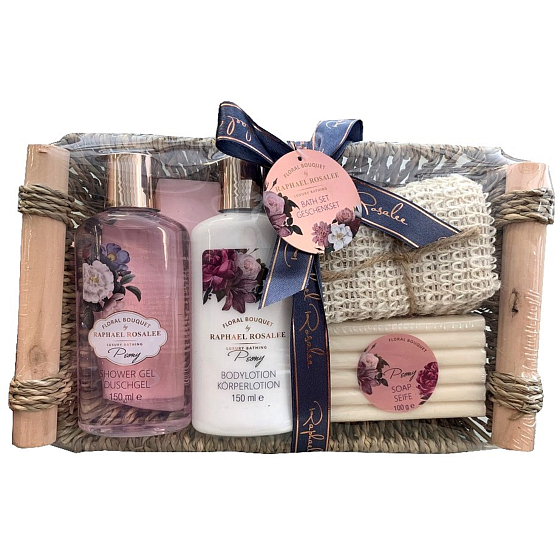 Raphael Rosalee Blumen Pfingstrose Duschgel 150 ml + Körperlotion 150 ml + Toilettenseife 100 g + Massagewaschlappen + Schal, Kosmetikset