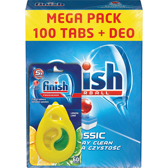 Finish Klassische Geschirrspülertabletten 100 Stück + Calgonit Finish Zitronen- und Limettengeschirrspüler-Auffrischer 1 Stück