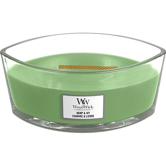 WoodWick Hemp & Ivy - Duftkerze nach Hanf und Efeu mit breitem Holzdocht und Bootsdeckel 453 g