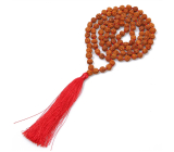108 Mala Rudraksha meditační šperk, vázaný přírodní náhrdelník, ruční výroba, korálek 8 mm, střapec 8 cm, červený