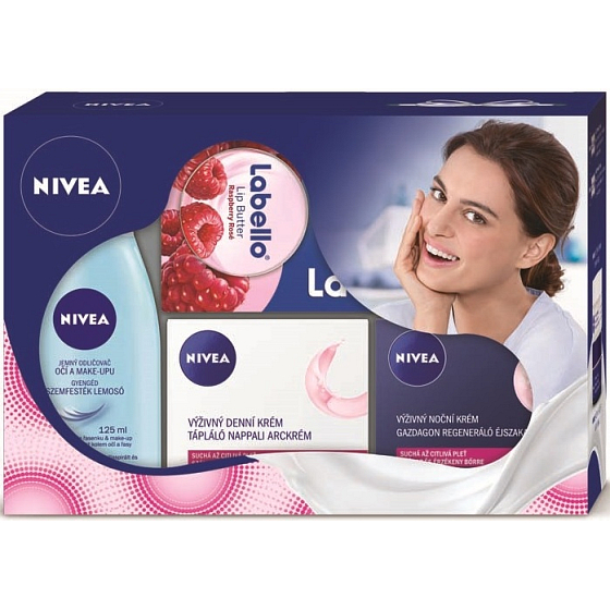 Nivea Pflegende Tagescreme S / C 50 ml + Pflegende Nachtcreme S / C 50 ml + Extrafeiner Augenentferner 125 ml + Labello Himbeer Intensiv Lippenpflege 16,7 g, Kosmetikset