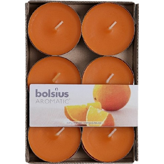 Bolsius Aromatic Maxi Juicy Orange - Teelichter mit Orangenduft 6 Stück, Brenndauer 8 Stunden