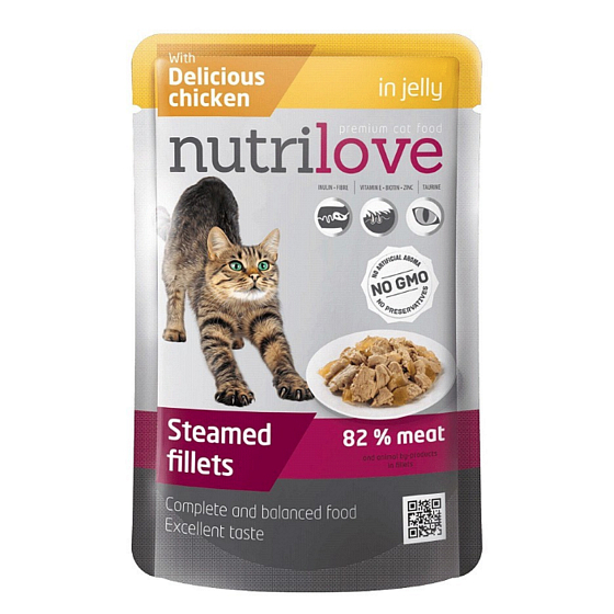 Nutrilove Geschmorte Filets mit saftigem Hühnchen in Gelee komplett Katzenfutterbeutel 85 g