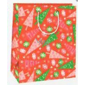 Ditipo Geschenkpapiertüte 26,4 x 13,6 x 32,7 cm Weihnachtsrot - grüne und rosa Bäume