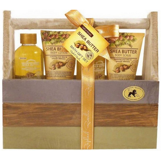 Raphael Rosalee Cosmetics Naturpflege Sheabutter Duschgel 120 ml + Badeschaum 120 ml + Körperlotion 70 ml + Körperpeeling 70 ml + Box, Kosmetikset
