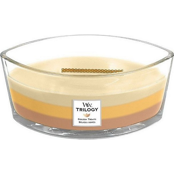 WoodWick Trilogy Golden Treats - Duftkerze mit goldenen Delikatessen, breitem Holzdocht und Schiffsdeckel 453 g