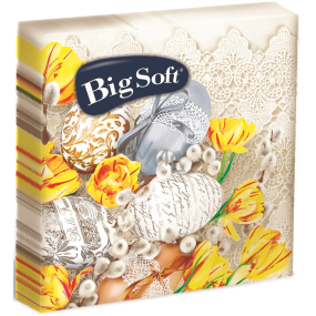 Big Soft Papierservietten 2lagig 33 x 33 cm 20 Stück Ostereier beige und gelbe Blumen