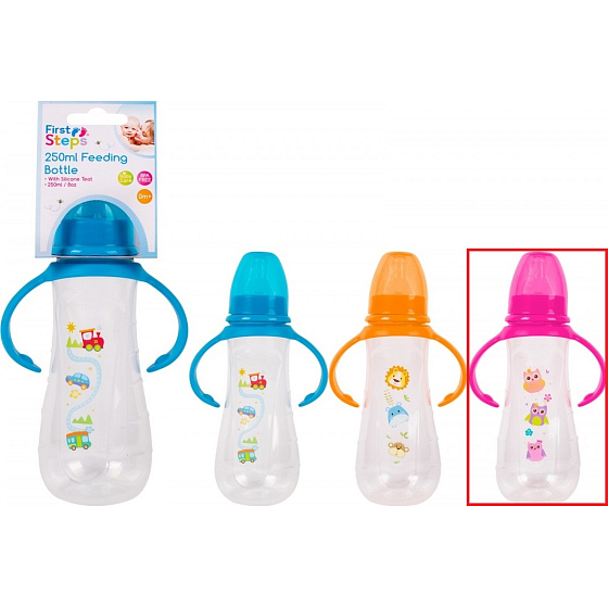 First Steps Babyflasche 0+ klar mit Griffen Eule rosa 250 ml