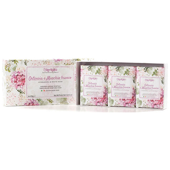 Iteritalia Hortensie und weißes Moos pflanzliche Toilettenseife 3 x 125 g, Geschenkset