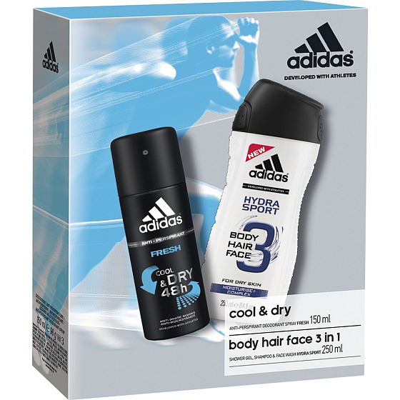 Adidas Cool & Dry Frisches Antitranspirant Deodorant Spray für Männer 150 ml + Hydra Sport 3 in 1 Duschgel für Körper, Haare und Gesicht für Männer 250 ml, Kosmetikset