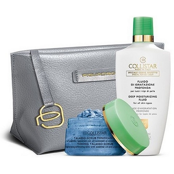 Collistar Toning Talasso Scrub Körperpeeling für Hautelastizität mit ätherischen Ölen 150 g + Deep Moisturizing Fluid tiefenwirksame Feuchtigkeitsfluid 400 ml + Kosmetiktasche, Kosmetikset