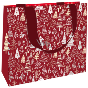 Nekupto Geschenkpapiertüte mit Prägung 23 x 18 cm Weihnachtsrot mit Bäumen